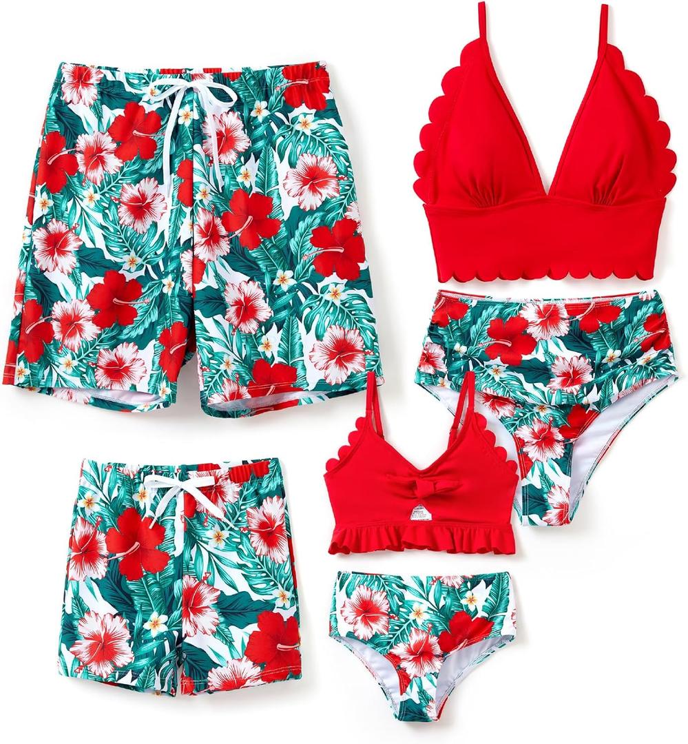 Family Matching Solid Scallop Trim Strappy Two-Piece Swimsuit and Allover Floral Print Swim Trunks Shorts (2T, Red White Flower)