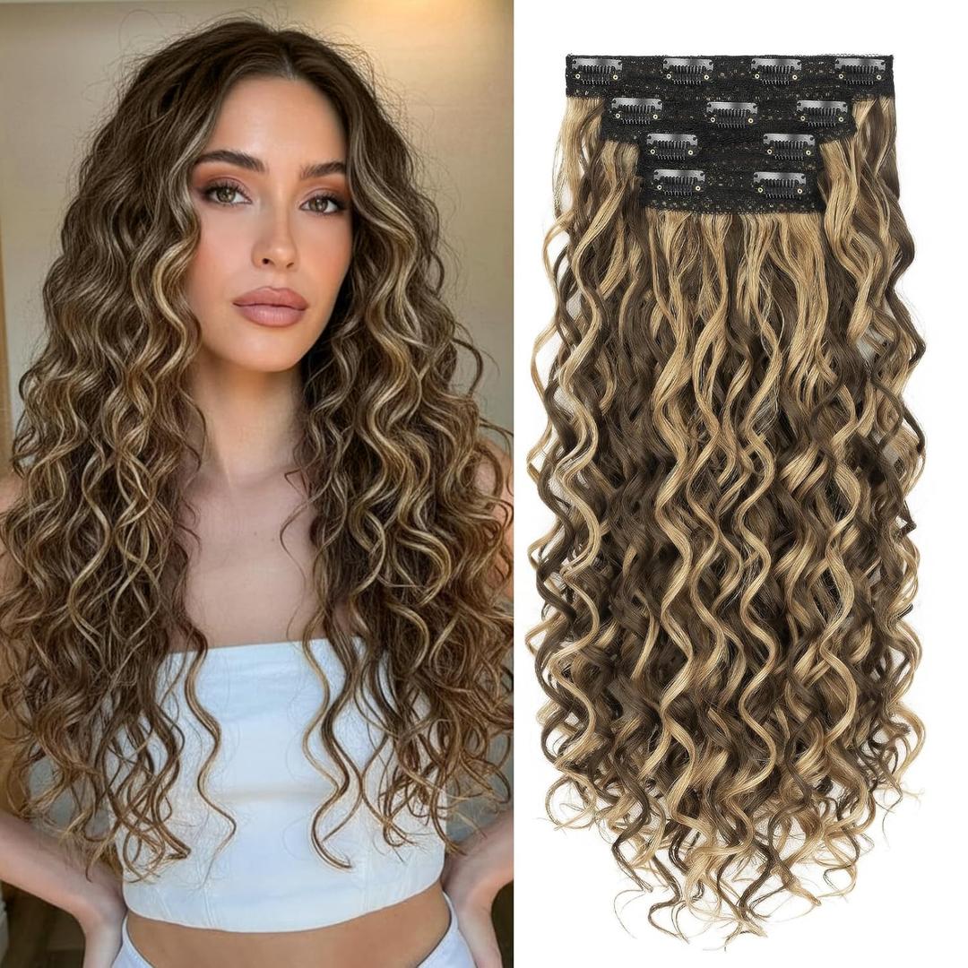 Curly Clip In Hair Extensions, 4PCS 20 Inch Chocolate Brown with Highlights Extensions Clip Ins, Lace Weft Short Curly Invisible Natural Hairpieces for Women