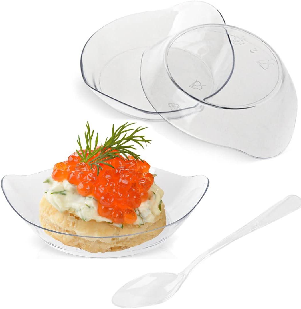 TOFLEN 100ct Mini Dessert Plates with Tasting Spoons, 3-1/8 x 2-5/8 Inches Small Reusable Clear Plastic Party Serving Hors D'oeuvres Plates for Appetizers (Leaf Shape)