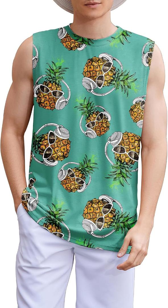 American Trends Mens Tank Tops Beach Summer Sleeveless Tee Shirts Hawaiian Muscle Graphic Tank Tops for Men (Medium, Pineapple (Blue))