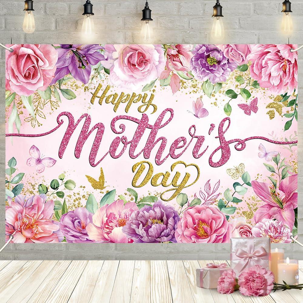 MEHOFOND 71x43 Inch Mother's Day Backdrop Pink Purple Floral Happy Mother's Day Decorations I Love Mom Photography Background for Women Thank You Mother Decorations Banner Photo Booth Props