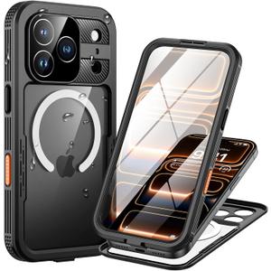 Lanhiem Magnetic for iPhone 17 Pro Max Case, IP68 Waterproof Dustproof Case, [Compatible with Magsafe] [Built-in Screen Protector] Full Body Heavy Duty Rugged Phone Cover 6.9 inch, Black/ Clear