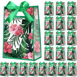 Geyoga 24 Pcs Hawaii Aloha Gift Bags for Party Favors Clear Reusable PVC Treat Goodie Bags with Handles and Ribbon for Baby Shower Birthday Wedding Supplies Decors, 7x10x3.15 Inch