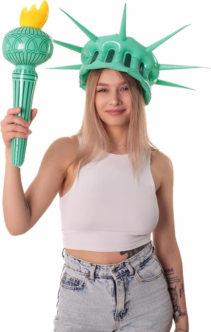 Inflatable Statue of Liberty Crown Torch Womens Teens Accessories Halloween Costumes Cosplay Outfit (One size fits most, Green)