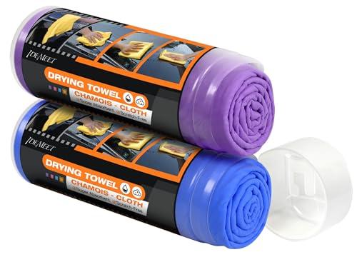 Idemeet Premium Shammy Towel for Car, Super Absorbent 2 Pack 26""x17"" Car Drying Towel, Reusable Soft Car Wash Cloth, Chamois Cloth for Car, Dust Remove, No Scratch/Spot/Streak, Blue & Purple