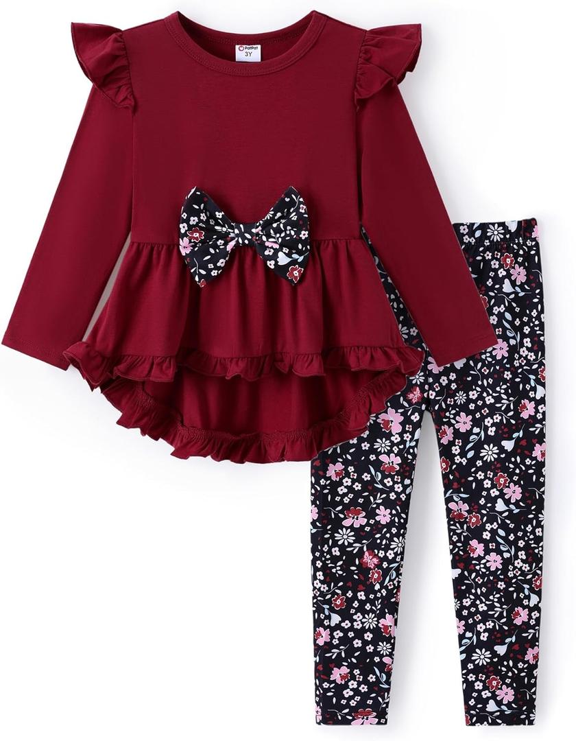 PATPAT Toddler Kids Girls 2Pcs Clothes Set Bowknot Design Ruffle Hem Long Sleeve Top and Floral Print Pant Outfits (2T, Wine Red)