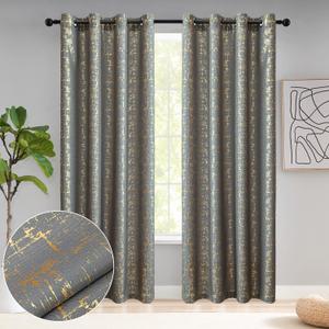 Taisier Home Gold Foil Print Linen Textured Curtains Geometric Dots Pattern Design Curtains for Bedroom Living Room Thermal Insulated Window Treatment 2 Panels 84" L,Dark Grey and Gold Drapes Print