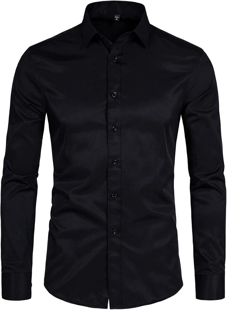 DELCARINO Men's Long Sleeve Button Up Shirts Solid Slim Fit Casual Business Formal Dress Shirt (Black)