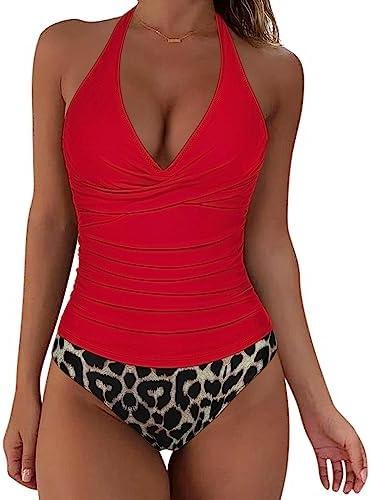 SUUKSESS Women Sexy Halter Tankini Bathing Suit Slimming Tummy Control Swimsuit M