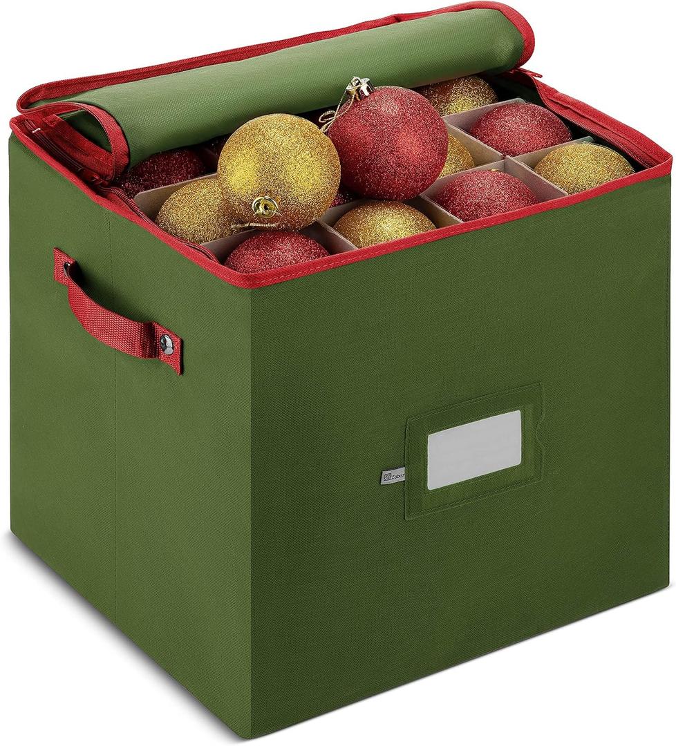 ZOBER Christmas Ornament Storage Box - Stores 64pc 3" Ornaments, With Dividers - Ornament Organizer Storage Box, Durable Christmas Containers Holder, Dual Zipper - Green