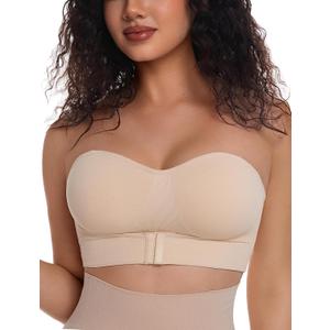 PRETTYWELL Strapless Bra Push Up Bandeau Bras for Women Front Hook Tube Top Bra Non-Slip Seamless Padded Wireless Invisible (X-Large, Nude)
