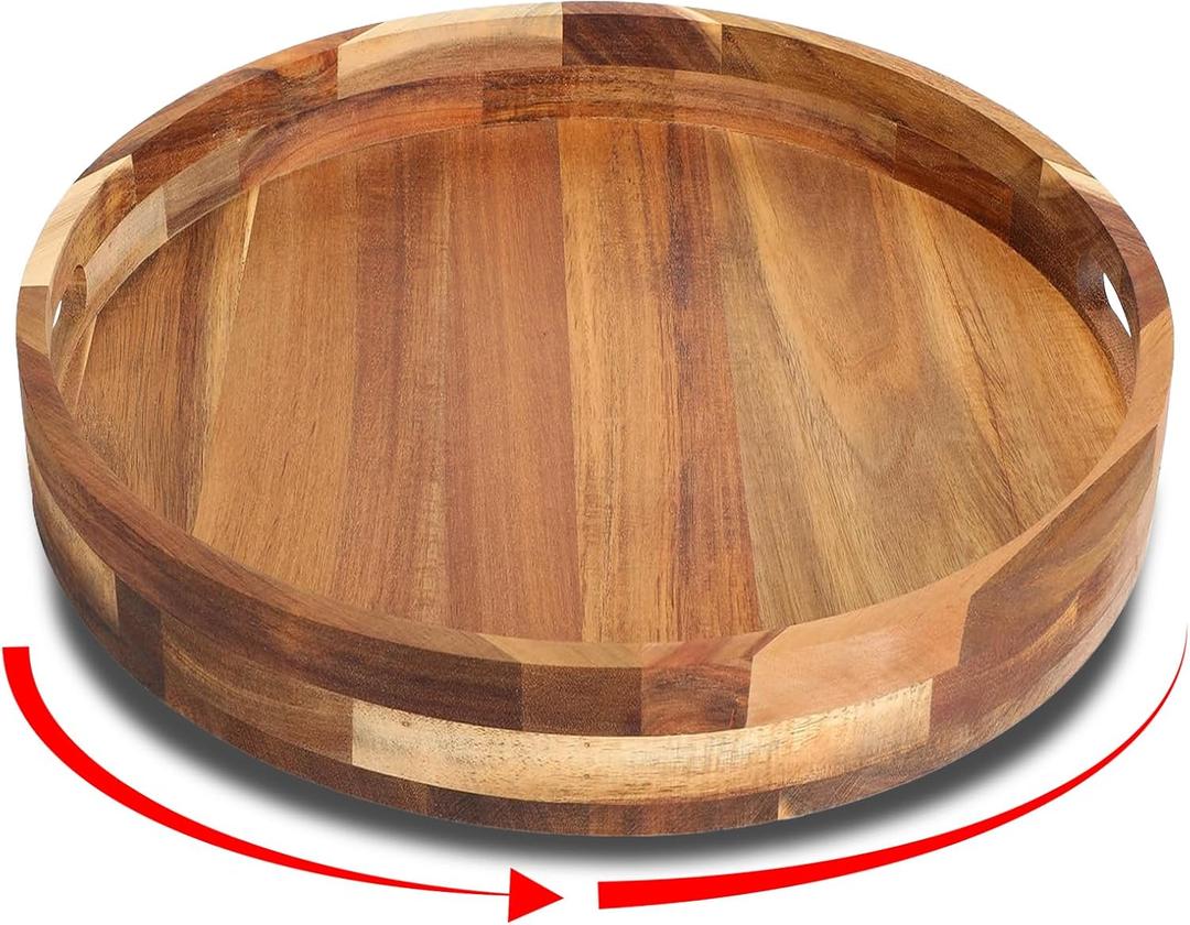 Acacia Wooden Lazy Susan for Table Top-12 Inch Wooden Lazy Susan Turntable with Double Handle-Large Acacia Wooden-Spice Organizer for Countertop, Table, Cabinet