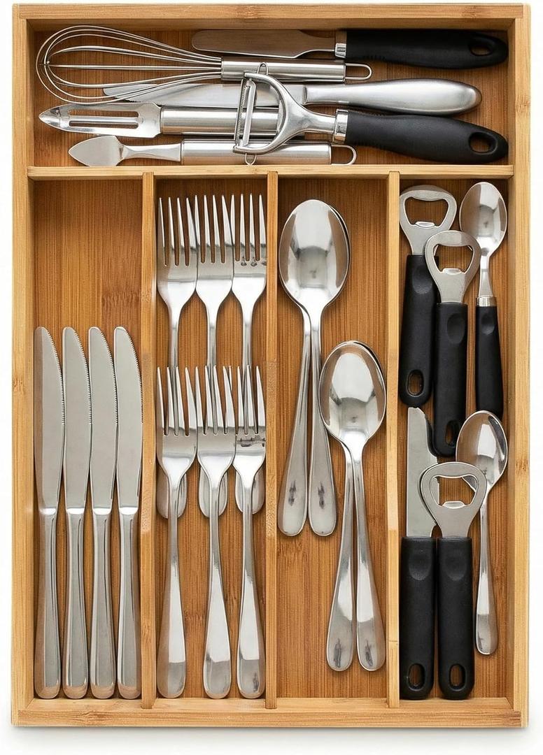 Bamboo Drawer Organizer - Kitchen Utensil Holder, 5 Slots Silverware Drawer Organization, Kitchen Wooden Tray for Cutlery, Flatware & Stationery - Natural