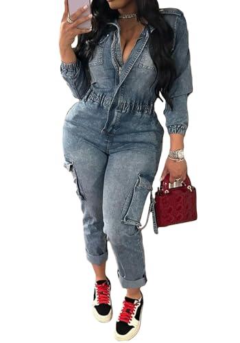 Tbahhir Denim Overalls for Women Cargo V Neck Long Sleeve Tunic Jumpsuits Slim Fit Long Jean Romper with Pockets XXL