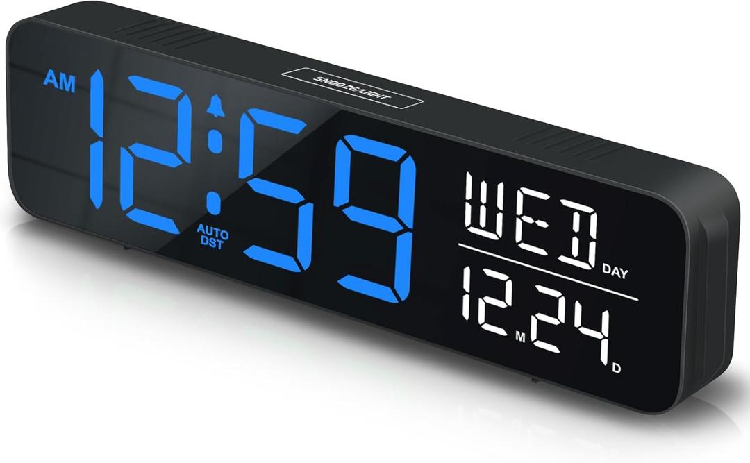 Peakeep Large Display Digital Alarm Clock for Bedrooms, Date Day of Week Calendar Desk Table Clocks for Living Room Office, Dimmable Plug in Electric Clock, 5 Volumes, Loud, Auto DST (Blue and White)