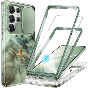 GVIEWIN for Samsung Galaxy S25 Ultra Case, [Slide Camera Cover & Built-in HD Screen Protector] [2 Front Frames] Shockproof Military Grade Protective Marble Phone Case 6.9" (Desert Dream/Green)