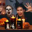 4 x BlcTec Halloween Decorations, 3 PCS Halloween Wood Candle Holders with LED Tea Lights & 3D Carving Craft, Spooky Wood Candle Centerpieces for Home, Table, Office, Tiered Tray, Shelf Dcor, Black Color