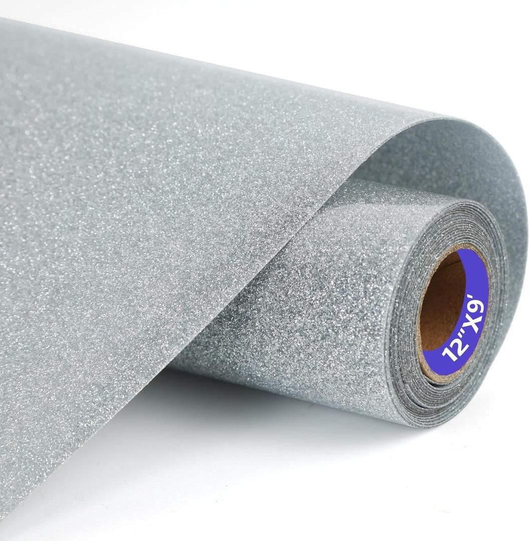 HTVVETUR Glitter Silver Heat Transfer Vinyl - 12" x 9ft Glitter HTV Rolls for Shirts, Iron on Vinyl for Cameo - Easy to Cut & Weed (J004-9ft)