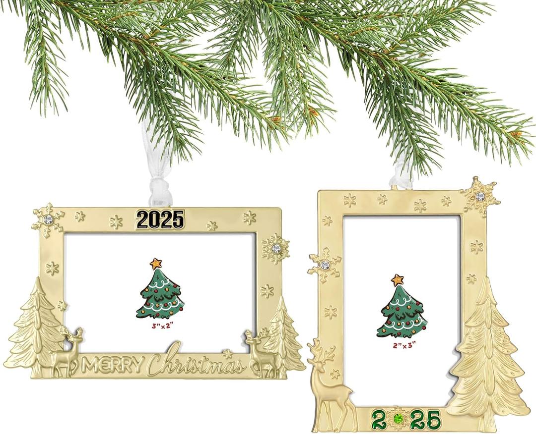 2025 Christmas Tree Ornaments Set - Made of Zinc Alloy Glitter Powder Pendant 2x3 3x2 Inch Picture Frame Ornament for Pet and Baby Holiday Keepsake Gift (Christmas, Golden)