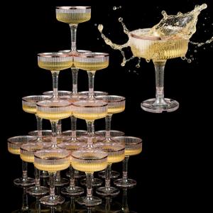 Set of 24 Champagne Tower 7 oz Plastic Champagne Coupe Glasses Set Stackable Plastic Ribbed Martini Glasses Unbreakable Acrylic Cocktail Coupe Cups for Wedding Birthday (Glitter,Pink)