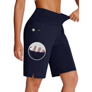 Womens 9" Swim Board Shorts with Zipper Pockets High Waisted Quick Dry Beach Bermuda Long Swimming Trunks UPF 50+ (Large, Navy)