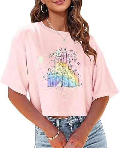 Magical Crop Top Women's Multicolor Cute Castle Graphic Tee Magic Kingdom Vacation Tshirt Casual Summer Shirt (Medium, Pink)