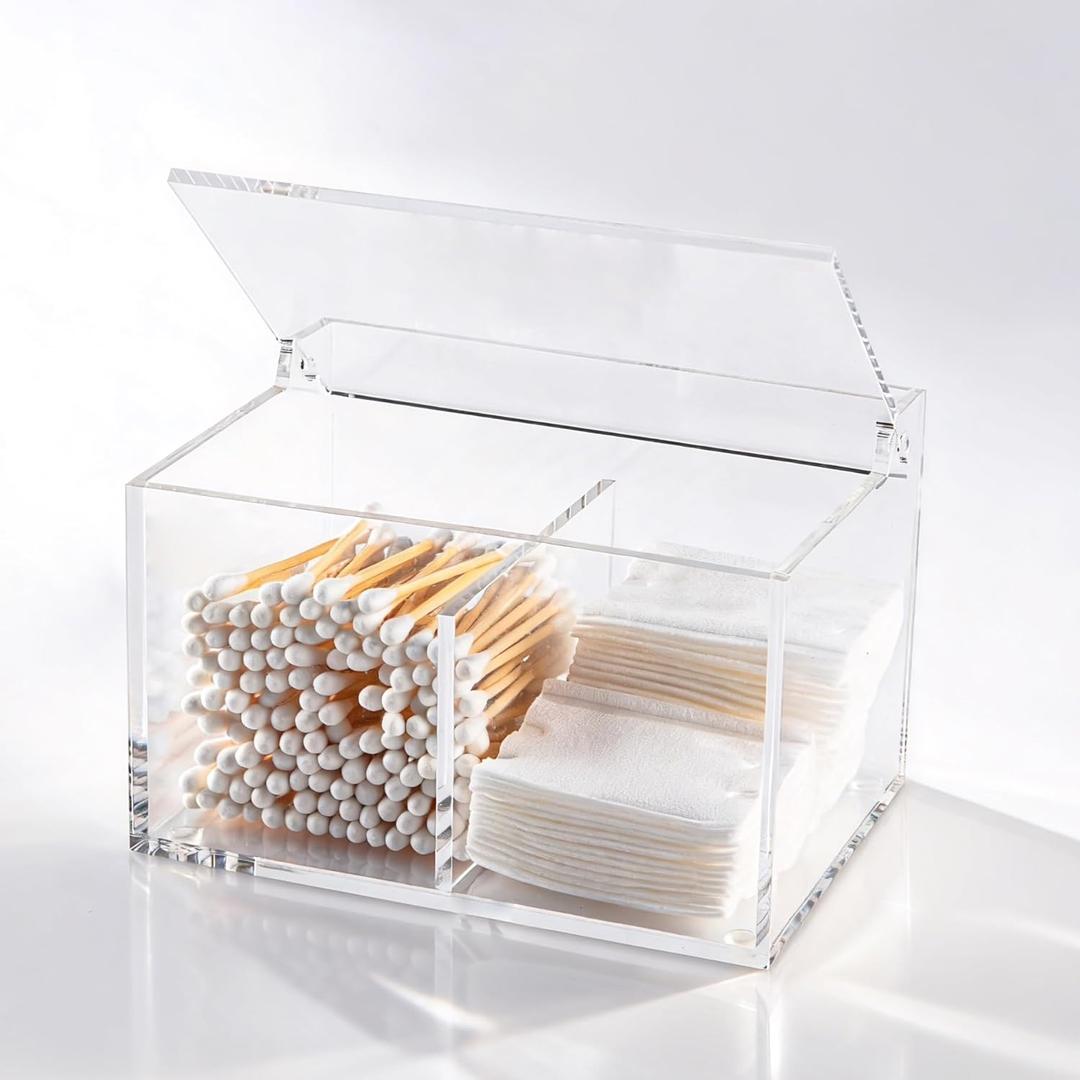 Clear Acrylic Cotton Swab Ball Holder Qtip Organizer with Lid 2-Grid Canister for Make Up Pads, Floss Picks, Vanity Storage,Bath Salts, Cosmetics, Home Bathroom Decor (DP004) (5.9" x 4.53" x 3.94")