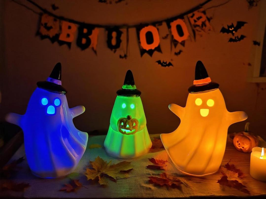 Halloween Decor Indoor 3pcs Ceramic Ghost Decor, Cute Light Up Ghost Figurine for Halloween Home Decorations, Spooky Statue with Ghost Face for Table Mantel or Shelf