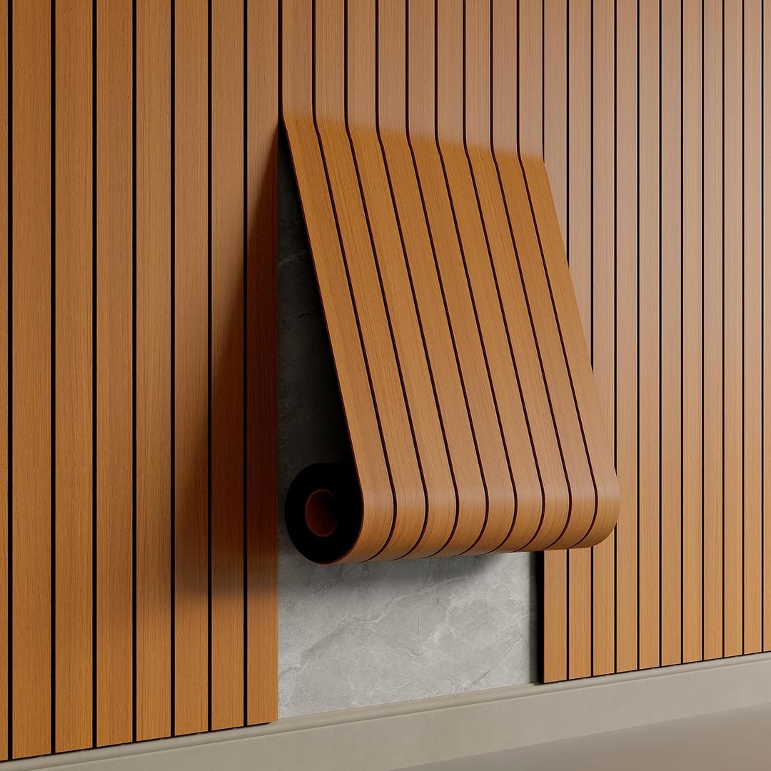 YU LI 3DH Peel and Stick PVC Slat Wall Panel 118"x15.75" Self-Adhesive Thick Faux Walnut Wood Grain Wallpaper Panel 3D Soundproof Wall Panels for Walls & Ceilings