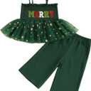 FIOMVA Christmas Toddler Baby Girl Outfit Spaghetti Strap Top Linen Pant Set Kids Little Girls Xmas Dress Clothes (18-24 Months, Xmas Merry Green)