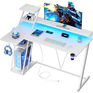 47 Inch White Gaming Desk with LED Lights & Power Outlet, L Shaped Gaming Table with Storage Shelves, Gamer Workstations with Monitor Stand for Bedroom (Carbon Fiber White)