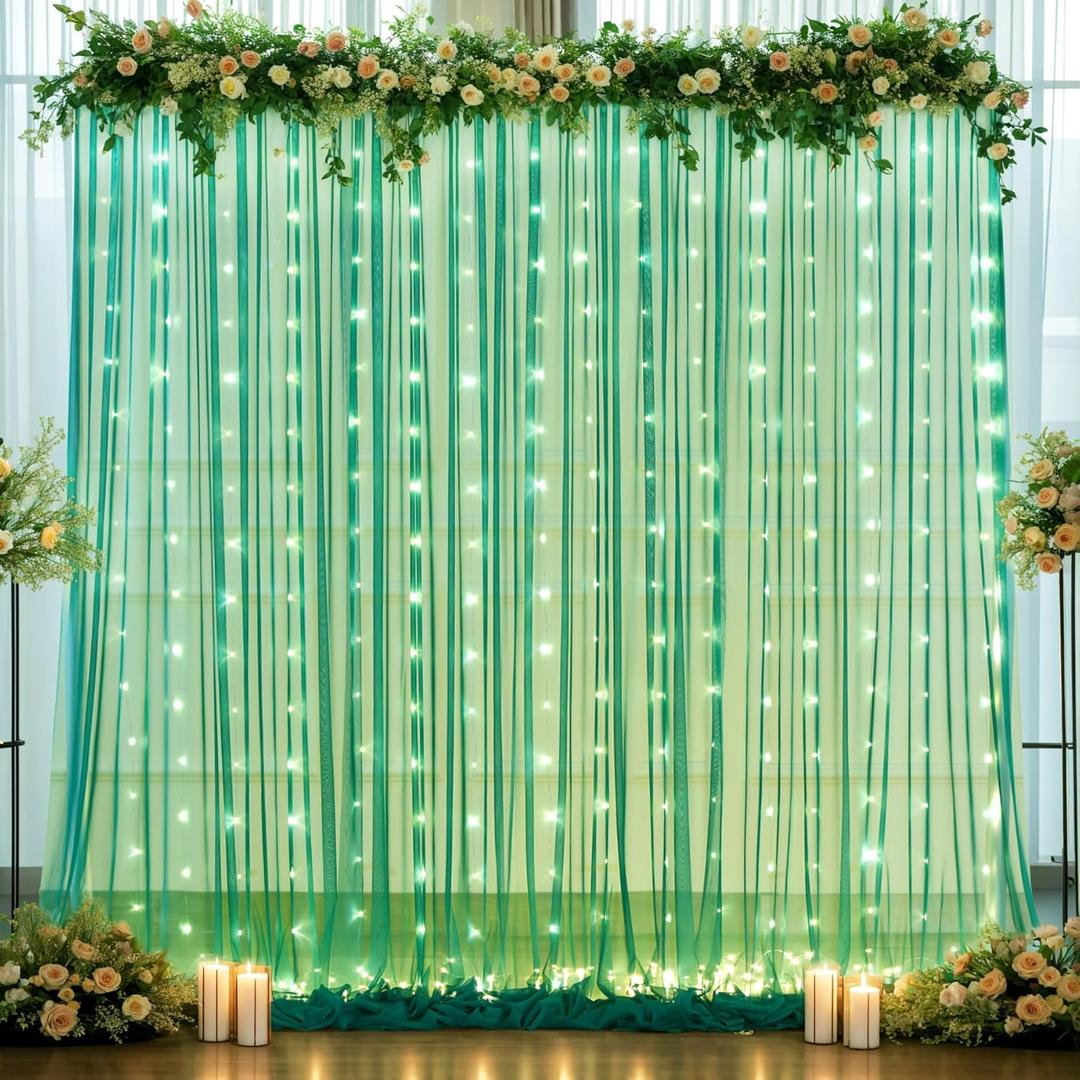 10ft x 10ft Hunter Green Tulle Photo Backdrop Curtain with Lights String for Christmas Party Sheer Curtain Backdrop Drapes for Birthday Party Holiday Wedding Photo Booth Background Room Decorations