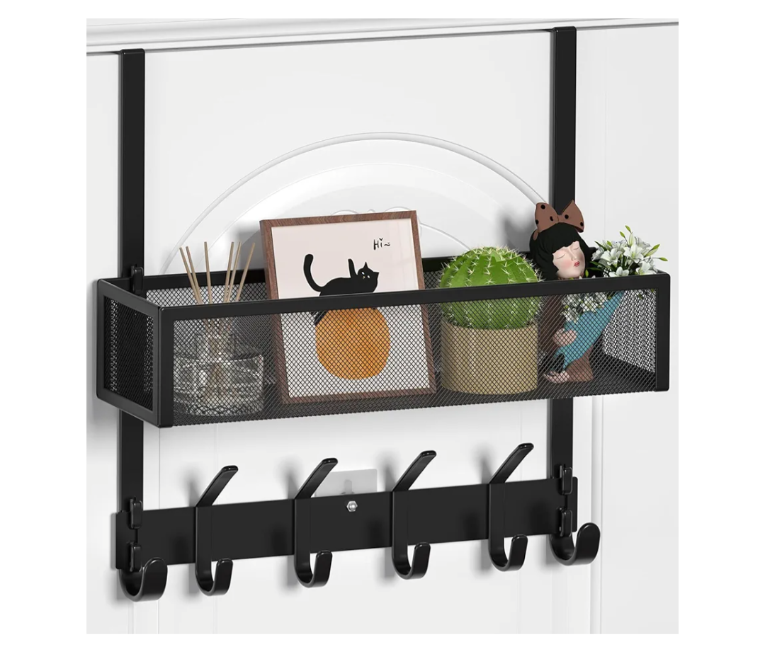 Over The Door Hooks Organizer, Over The Door Towel Rack with Mesh Basket, 10 Coat Hooks and 2 Wreath Hangers, Bathroom Door Organizer Back of Door Hanger for Bedroom, Kitchen (Black)