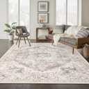 LIVEBOX 8X10 Area Rugs for Living Room, Washable Beige Neutral Boho Rugs Large Soft Non-Slip Rug, Low-Pile Vintage Medallion Rug, Retro Faux Wool Indoor Carpet for Dining Room Bedroom Office