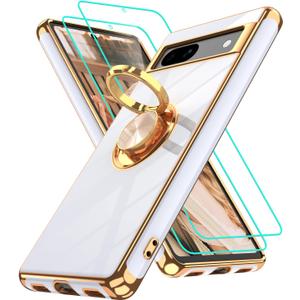 Gritup for Google Pixel 7A Case | 2Pcs Screen Protector | 360 Rotation Ring Holder Magnetic Kickstand | Plating Gold Edge Soft TPU Protective Basic Funda para Cover for Pixel 7A Phone White