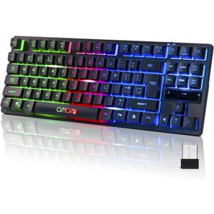 Wireless LED Keyboard, Rechargeable 87 Key RGB LED Backlit Wireless Keyboard, Ergonomic Light up Gaming Keyboard Wireless compatibility with PC PS4 PS5 Xbox One Laptop, Teclado inalmbrico, Black
