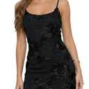 Lingswallow Women's Floral Embroidered Mini Dress Spaghetti Strap Mesh Cocktail Dresses Black (Black, XXXL)