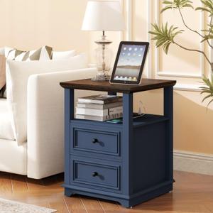 MUUEGM Farmhouse Nightstand 18 Blue End Table with Charging Station Rustic Wood Tall Bedside Table with 2 Drawers Storage Small Dresser Open Shelf for Bedroom, Living Room, Closet