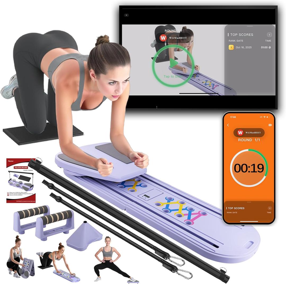 Pilates Board - Mini Pilates Reformer, Portable Pilates Reformer Board for Home Workout, Foldable Multifunctional Pilates Slider Board with with App Counter Included