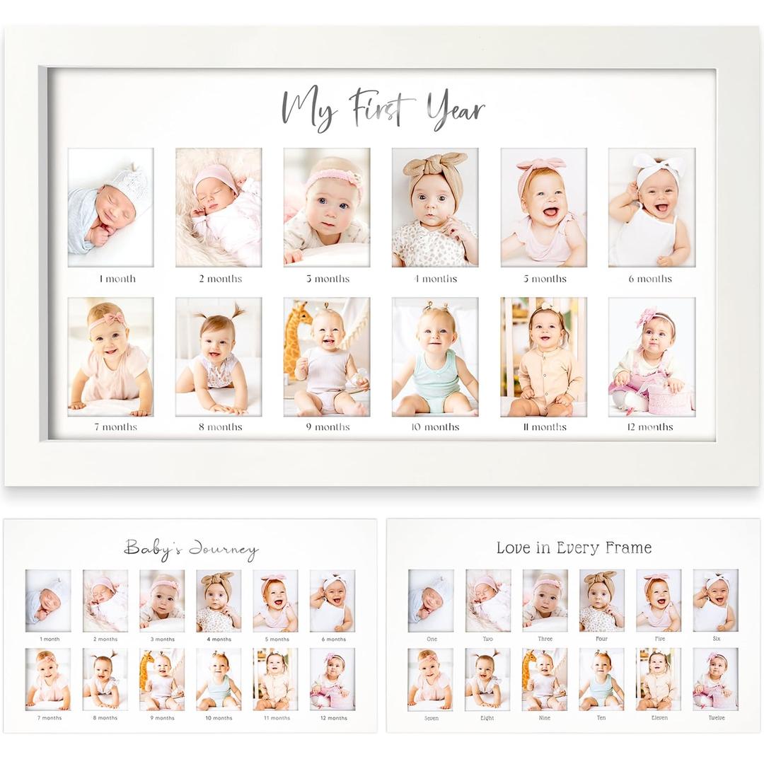 My First Year Photo Frame,12 Months Baby Picture Frame for Newborn Girl, Boy-Baby Shower Gifts Keepsakes, Monthly Baby's One Year Birthday Milestone,1st Nursery Photo Collage Display Board(Alpine White)