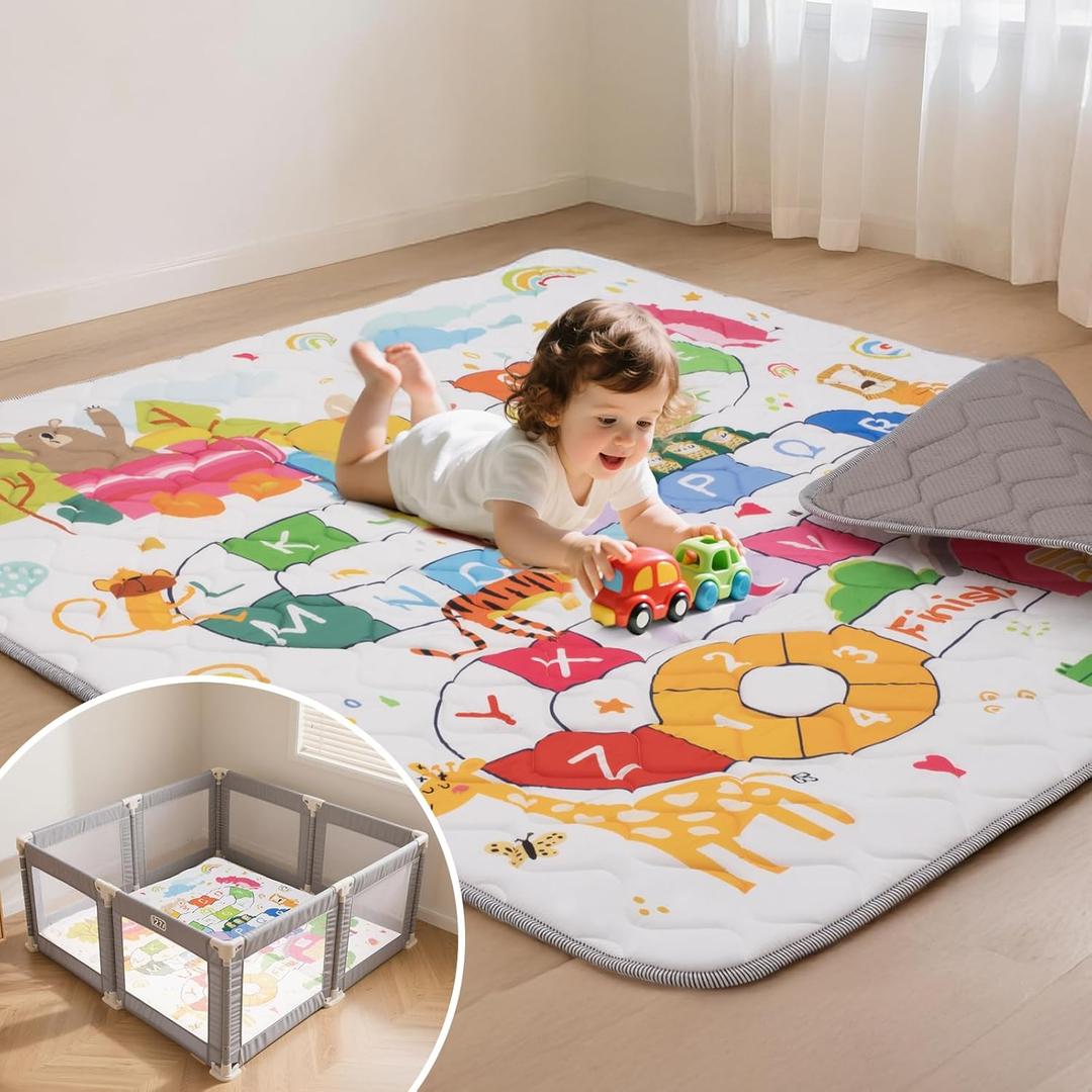 Baby Play Mat for Floor, 50x50 Inch Soft Padding Crawling Mat, Foldable and Machine Washable, Thick for Babies & Toddlers, Animal School