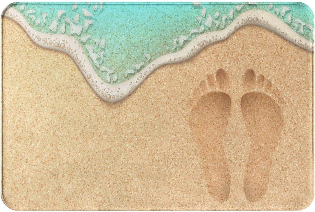 2 x Summer Beach Footprints on The Soft Sand by The Sea 3D Print Bath Mats for Bathroom Non-Slip Absorbent Soft Microfiber Plush Doormat Rugs Decor Floor Mat16 x24