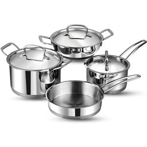 Vinod Classic Deluxe Stainless Steel Cookware Combo Set of 4 Pcs/Saucepan, Saucepot, Kadai and Frypan/Deep Kadhai for Cooking/Heavy Induction Bottom