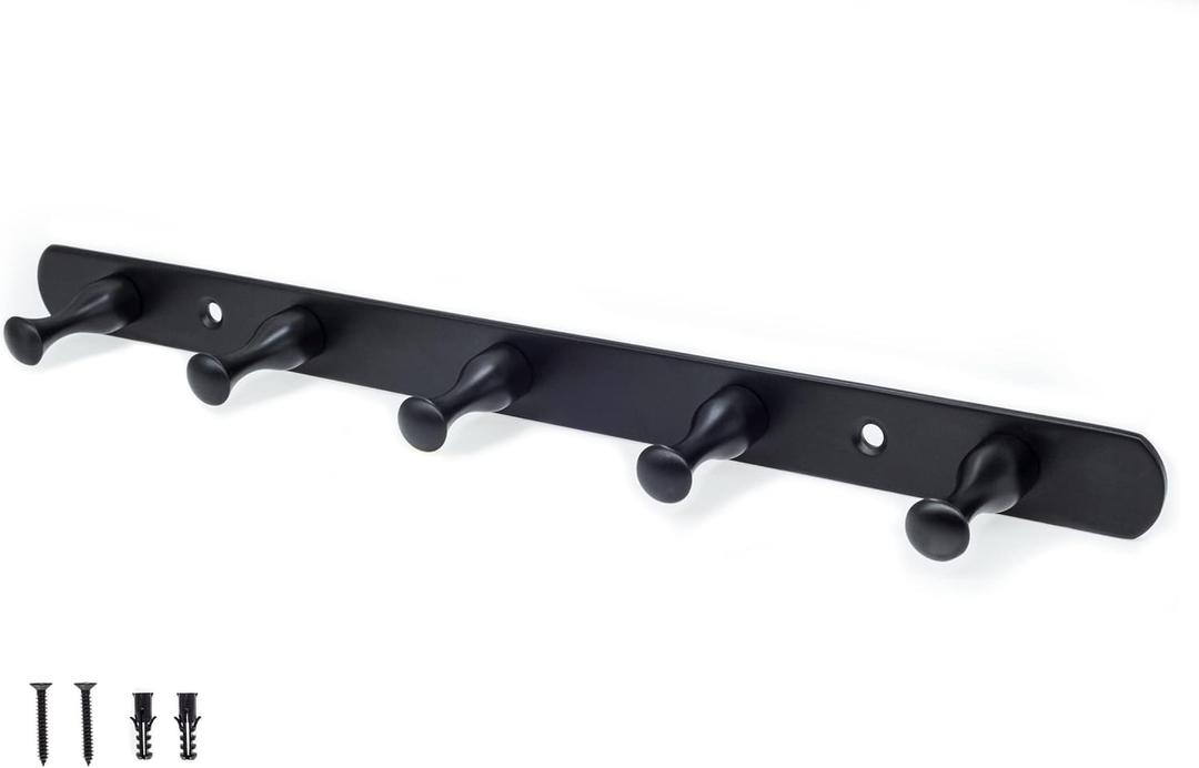 creathome Basic 13 Inch Multiple Use Anti-Rust Matt Black Wall Mounted Hanger with 5 Hooks