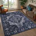 nesrt Boho Vintage 5x7 Area Rug, Low Pile Large Living Room Rugs Washable Non Slip, Soft Faux Wool Thin Printed Carpet for Bedroom Dining Room Laundry Office, Retro Area Rug Indoor Decor (Navy Blue)