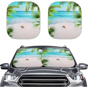 Bulopur 2 Pcs Sun Shade Car Windshield Beach Tropical Palm Tree Automotive Windshield Sun Shades Universal Sunvisor Shield for Most Cars Sedans SUVs Trucks