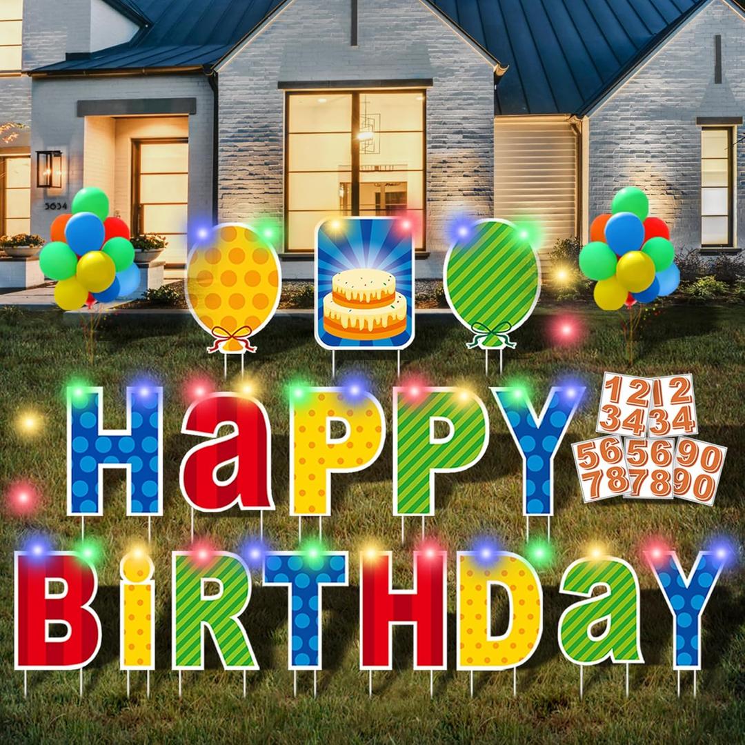 16 Pcs Happy Birthday Yard Sign with Stakes, Personalized Age Plastic Signs with LED Lights, 20 Number Stickers & Colorful Letters, Weatherproof Birthday Decorations for Indoor & Outdoor Lawn