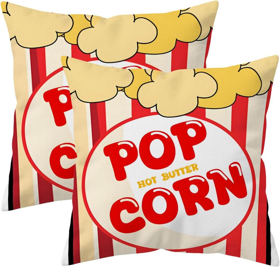 Movie Night Popcorn Pillow Covers 18x18 Set of 2 Retro Cinema Theme Throw Pillow Cases Double Sided Print Decor Cushion Covers for Couch Sofa Bed Home Theater Room Decor (Wl-dp-mn-movie)