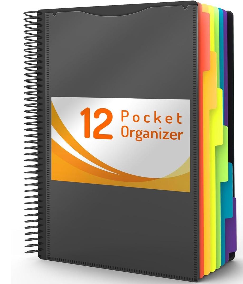 12 Pocket Project Organizer, Forvencer 1/6-cut Tab Binder Organizer with Sticky Labels, Multi Pocket Folder with Zipper Pouch, Folder Binder Spiral Pocket Notebook, Office Supplies, Letter Size, Black