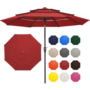 JEAREY 9FT 3 Tier Patio Umbrella Outdoor Market Umbrella Table Umbrellas with 8 Ribs 1.5 Pole Push Button Tilt and Crank UV Protection for Garden,Red